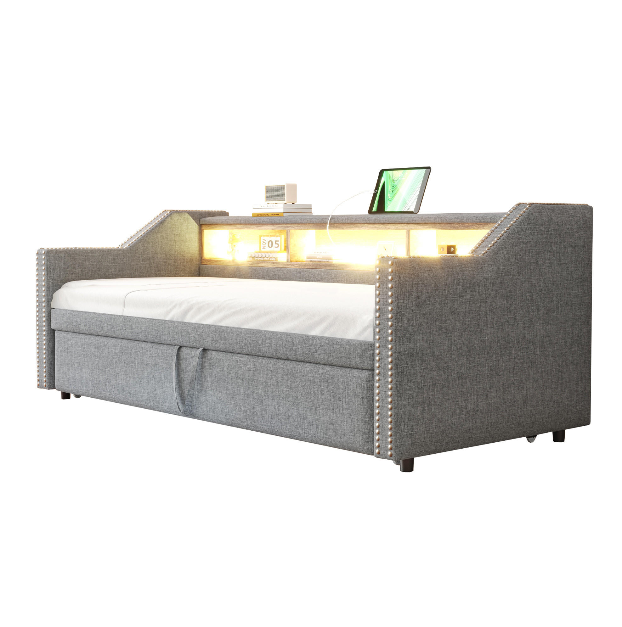AUSZIEHBETT 90/180×190 cm Hellgrau mit LED-Beleuchtung und USB-Anschluss - Hellgrau, Textil (90/190cm) - Flora Grace