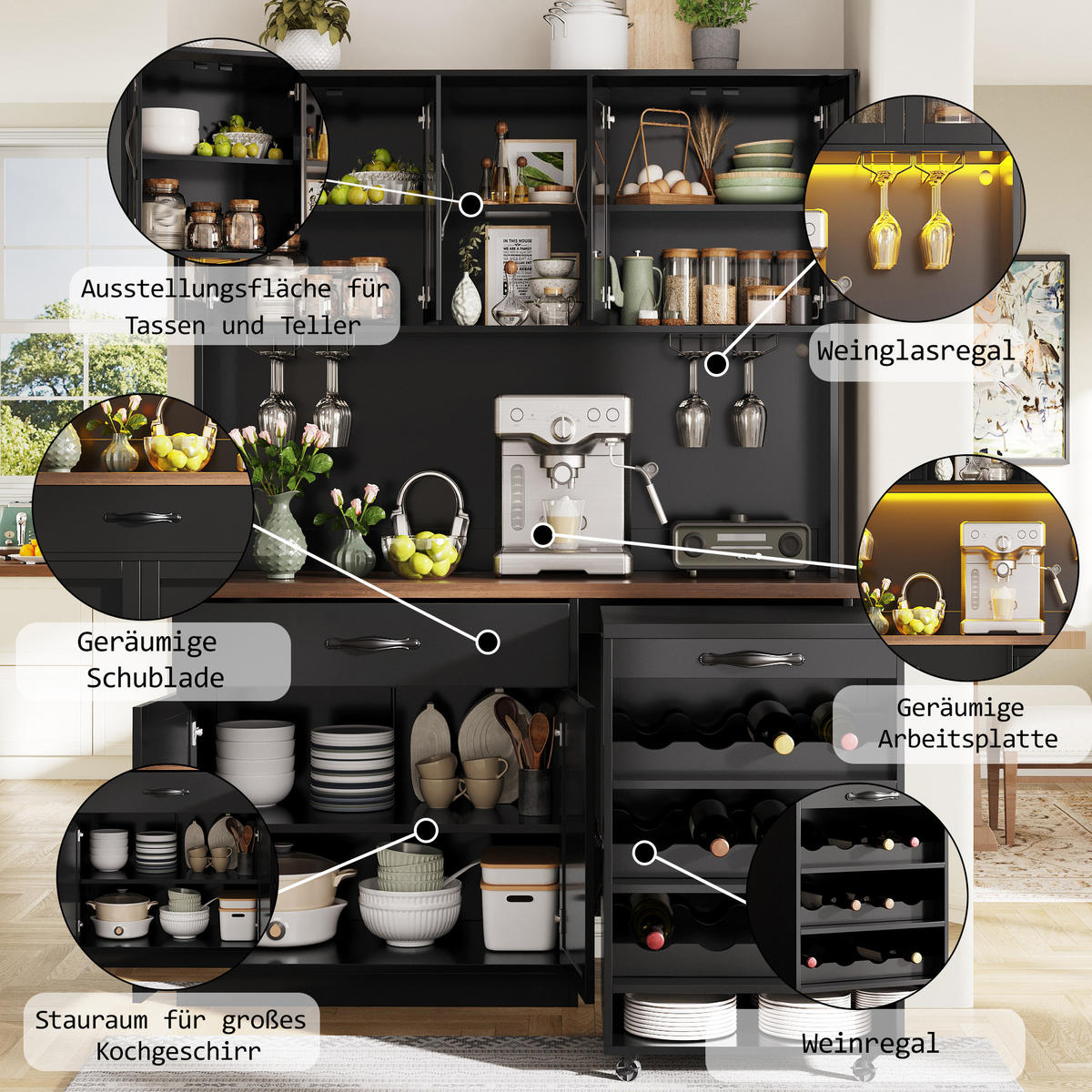BUFFETSCHRANK Rollwagen Schwarz 140/38/180 cm - Schwarz, Holz (140/180/38cm) - PANGIVO