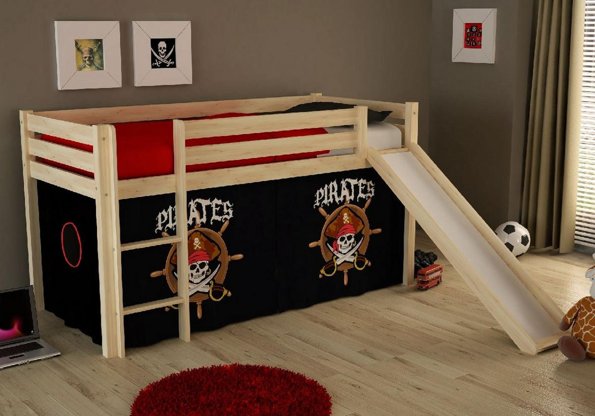 HOCHBETT mit Rutsche Karolina Massivholz Natur Textilset Pirate - Schwarz/Kieferfarben, Holz (90/200cm) - 58aufmkessel