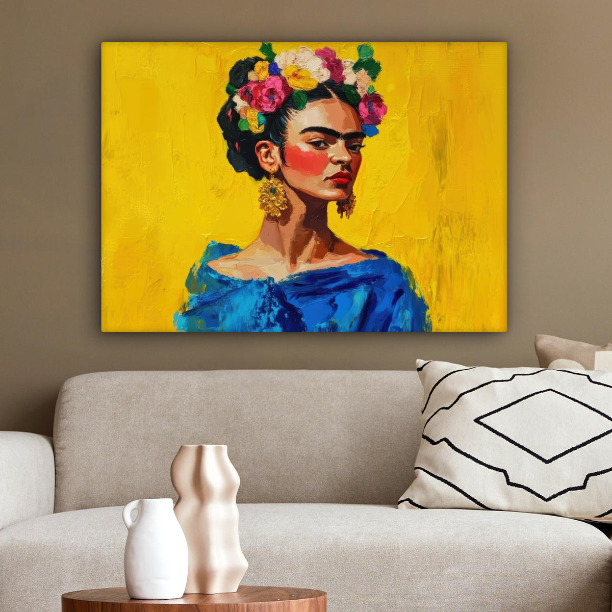 LEINWANDBILD Frida Kahlo - Frau - Gelb - Blau - Blumen Wandbilder 80x60 cm - Gelb, Textil (80/60cm) - MuchoWow