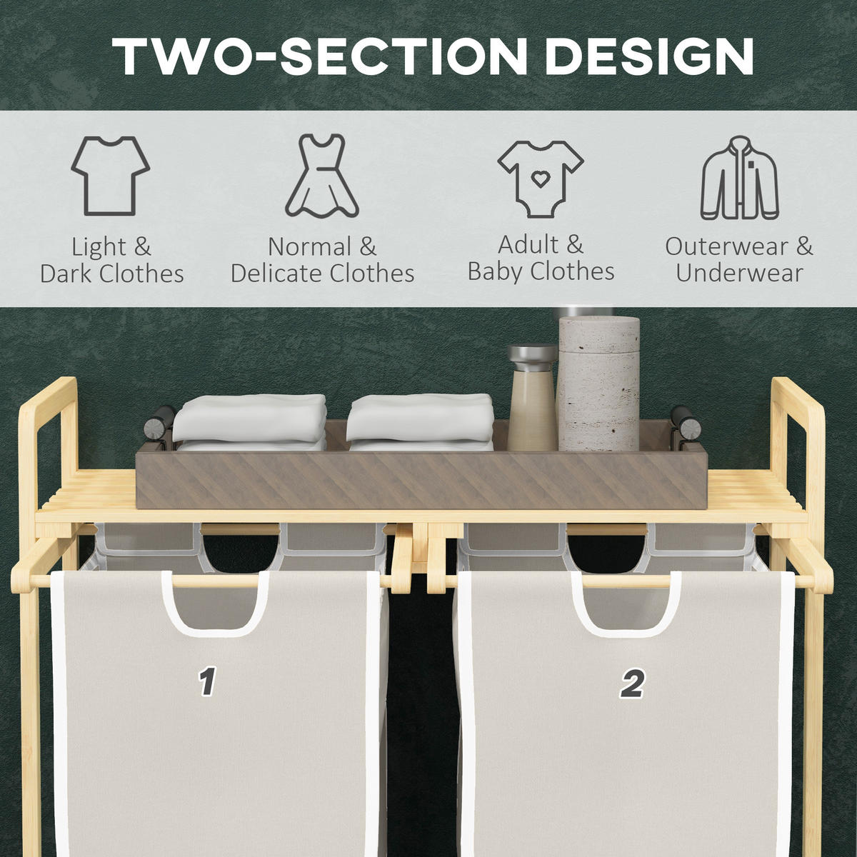 WÄSCHEKORB Wäschebox mit 2 abnehmbaren Wäschesacke Wäschesortierer Bambus - Creme/Naturfarben, Naturmaterialien (33/73/63.5cm) - HOMCOM