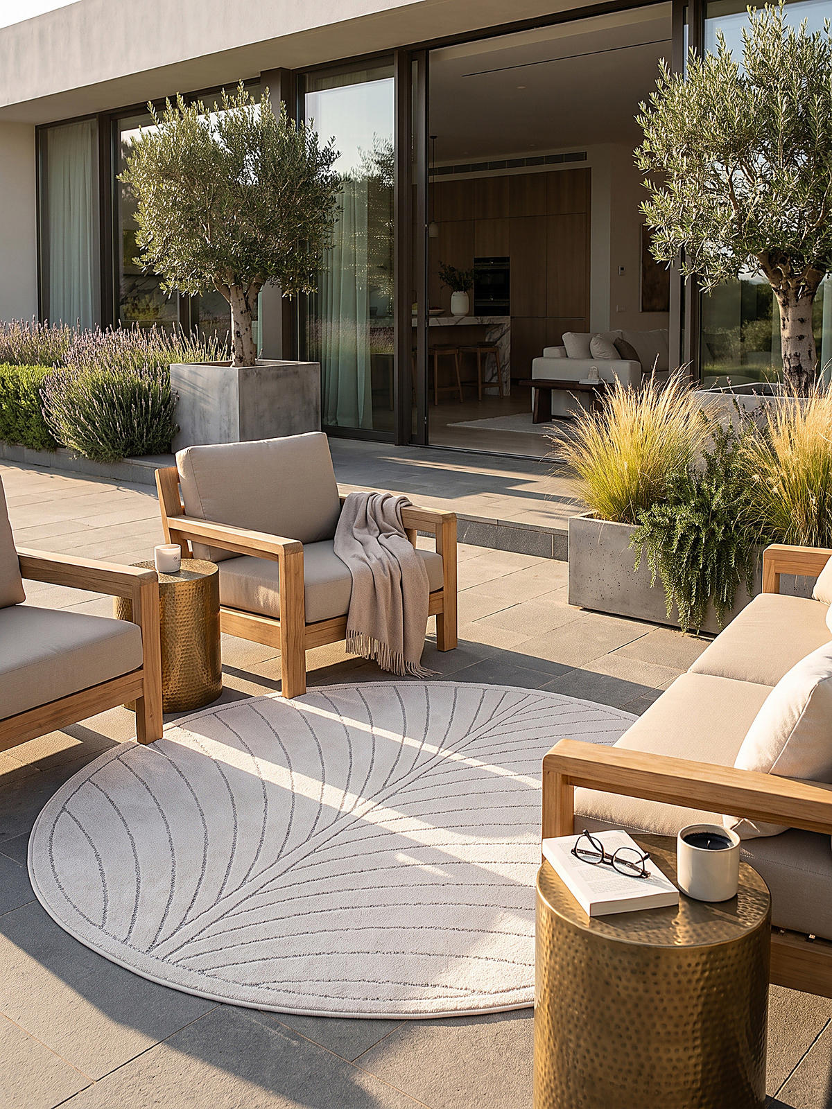 TEPPICH Outdoor, Fußbodenheizung-geeignet, mit Blattmotiv, aus Polypropylen, ENGADIN in Creme, Ø 160 cm - Beige, Textil (160/160cm) - KADIMA DESIGN