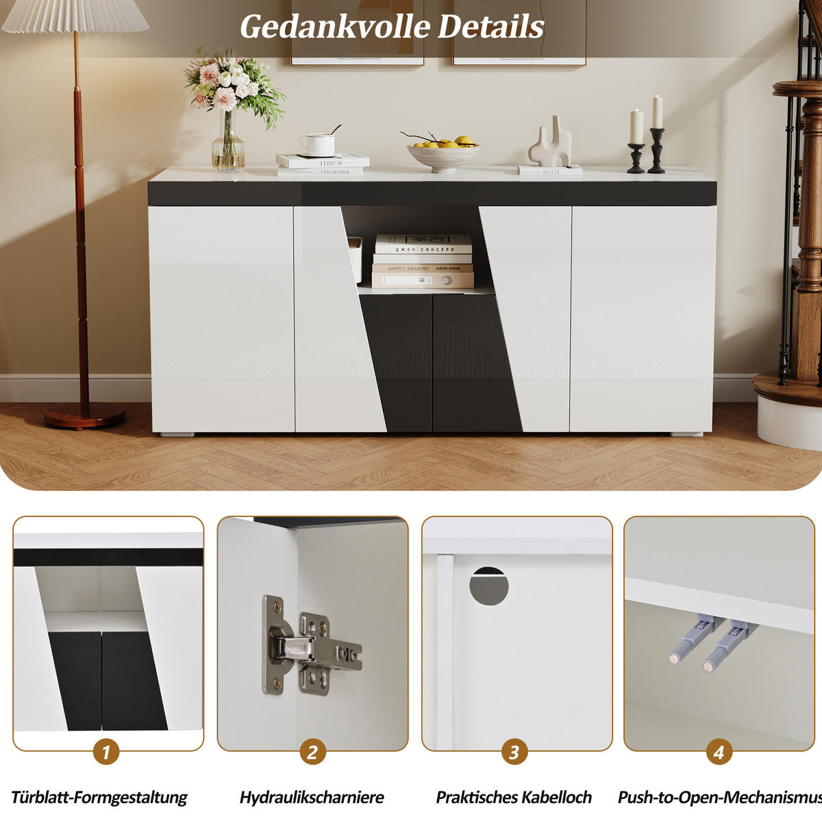 SIDEBOARD 140/40/65 cm aus Spanplatte mit LED-Beleuchtung, 4 Türen und verstellbaren Einlegeböden, Weiß/Schwarz - Weiß, Holzwerkstoff (140/65/40cm) - Redom