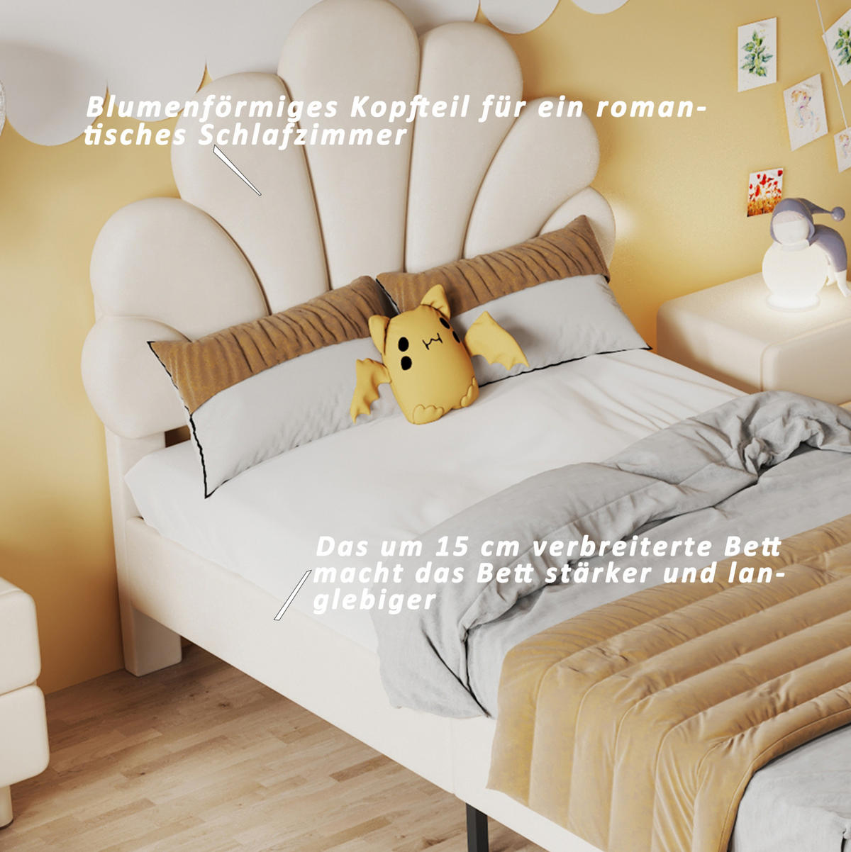 SAMT-POLSTERBETT 90/200 cm in Beige mit Blumen-Kopfteil - Beige, Textil (90/200cm) - BEAOK