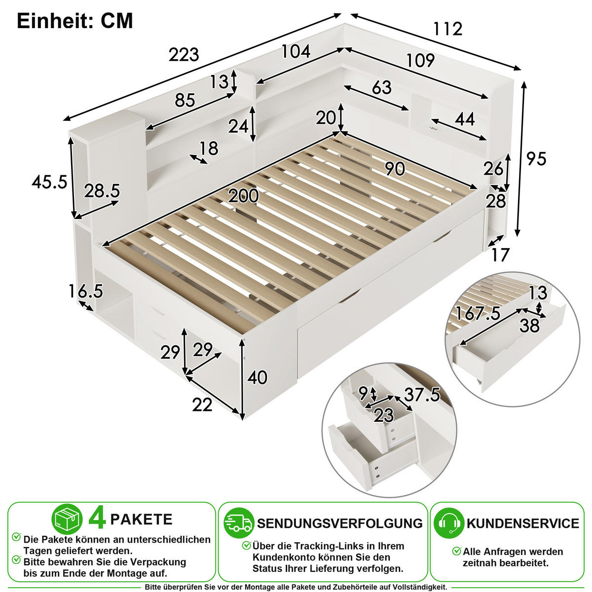 POSTEL 90/200 cm v bílé barvě s úložným prostorem, LED, USB a Type-C - bílá, dřevo/kompozitní dřevo (90/200cm) - CHICFURN