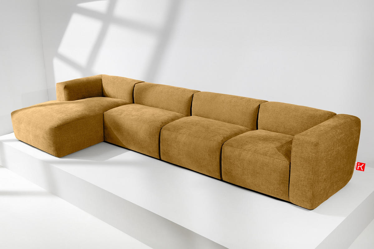 ECKMODULSOFA-LINKS BUFFO 6-Sitzer mit extrem weicher Sitzfläche, Gewebestoff, Honig - Gelb, Textil (377/180cm) - KONSIMO®
