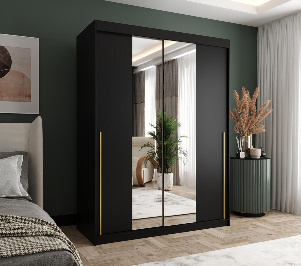 SCHIEBETÜRENSCHRANK mit Spiegel 150 cm Breite, Schwarz mit goldenem Griff - Goldfarben/Schwarz, Holzwerkstoff (150/200/62cm) - Home Collective