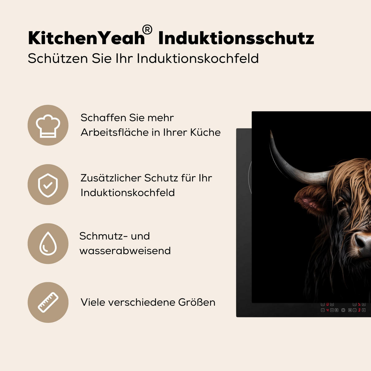 HERDABDECKPLATTE Schottischer Highlander - Porträt - Schwarz - Tier 65x52 cm - Braun, Kunststoff (65/0.2/52cm) - MuchoWow