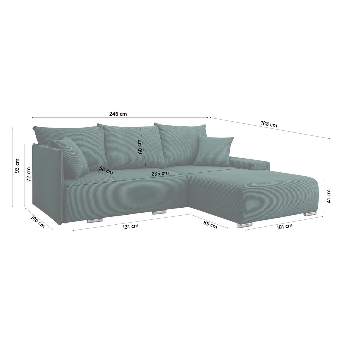ECKSOFA TRAWANGA L mit Schlaffunktion, Grün - Grün, Textil (246/188cm) - Fedve