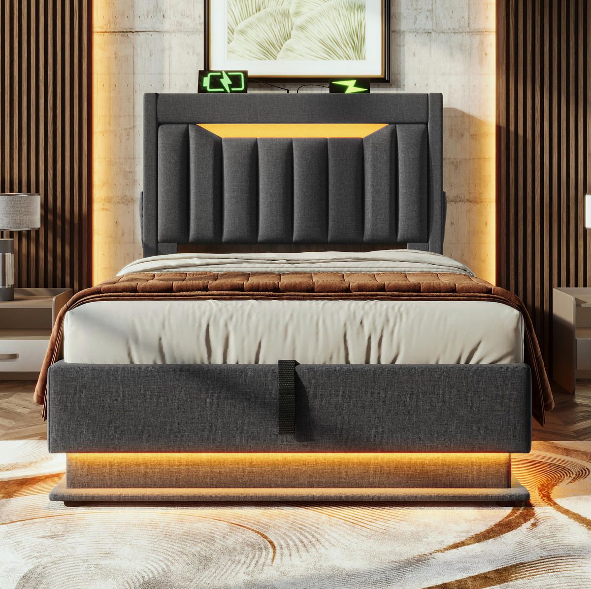 POLSTERBETT 90/200 cm Grau aus Leinen mit Stauraum, LED und Matratze - Grau, Textil (90/200cm) - Flora Grace