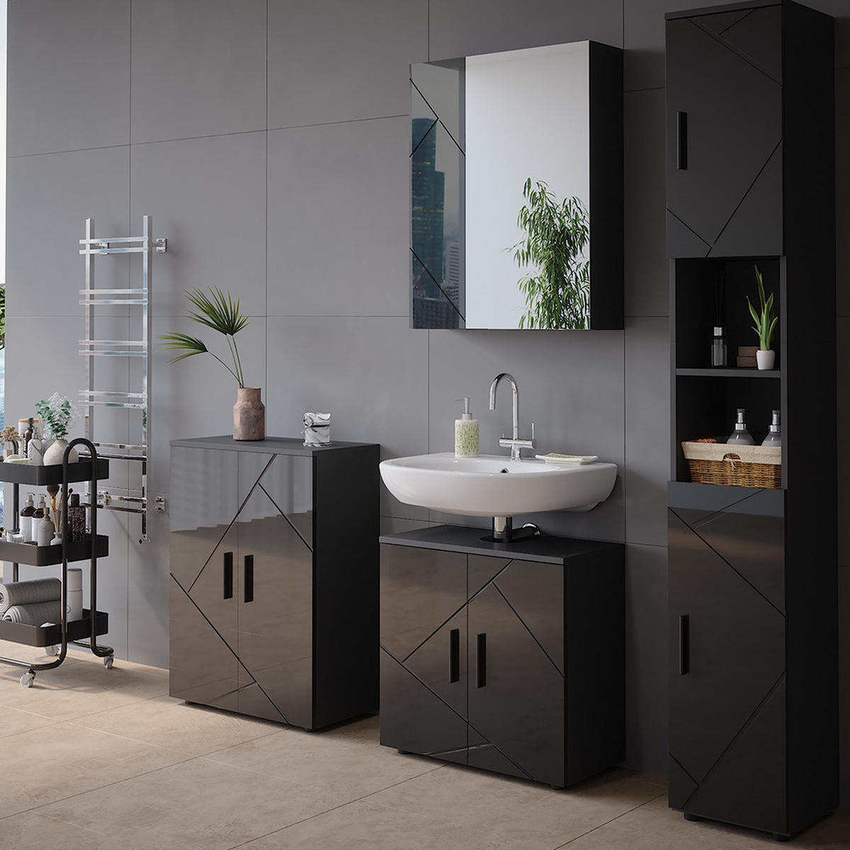 BADSPIEGELSCHRANK Irma Anthrazit/Anthrazit Hochglanz 60 x 75 cm - Anthrazit, Holzwerkstoff (60/75/17.2cm) - Vicco