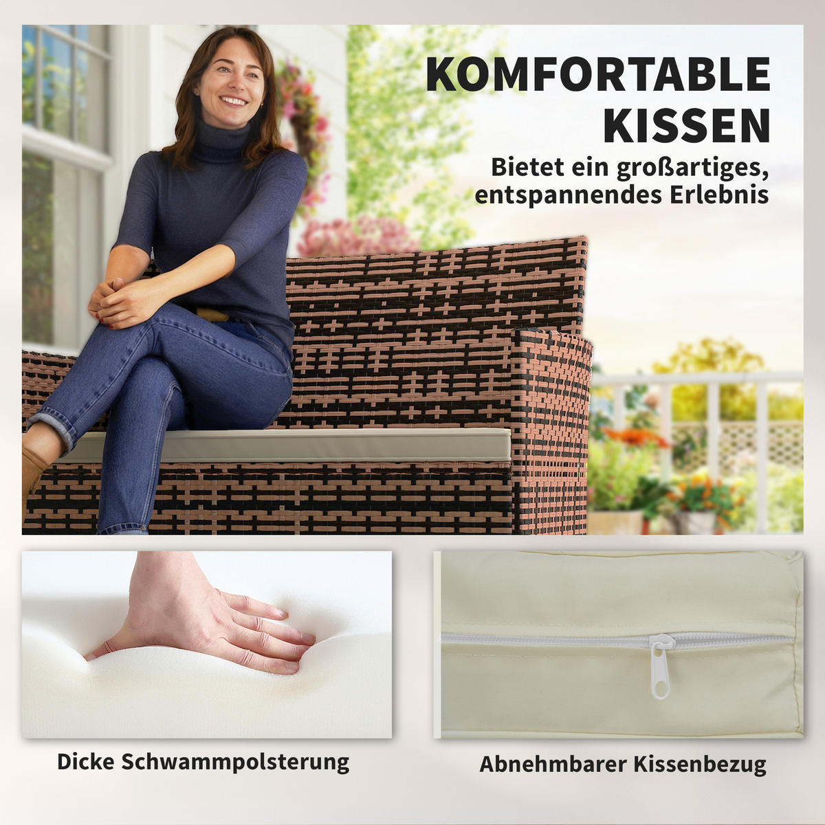 GARTENBANK aus PE-Rattan mit Auflage, Khaki - Beige/Schwarz, Textil/Metall - Outsunny