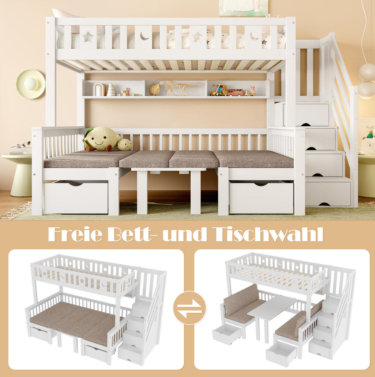 HOCHBETT 90/200 cm aus Kiefernholz mit Klapptisch und Stauraumleiter Weiß - Weiß, Holz (90/200cm) - Modenvie