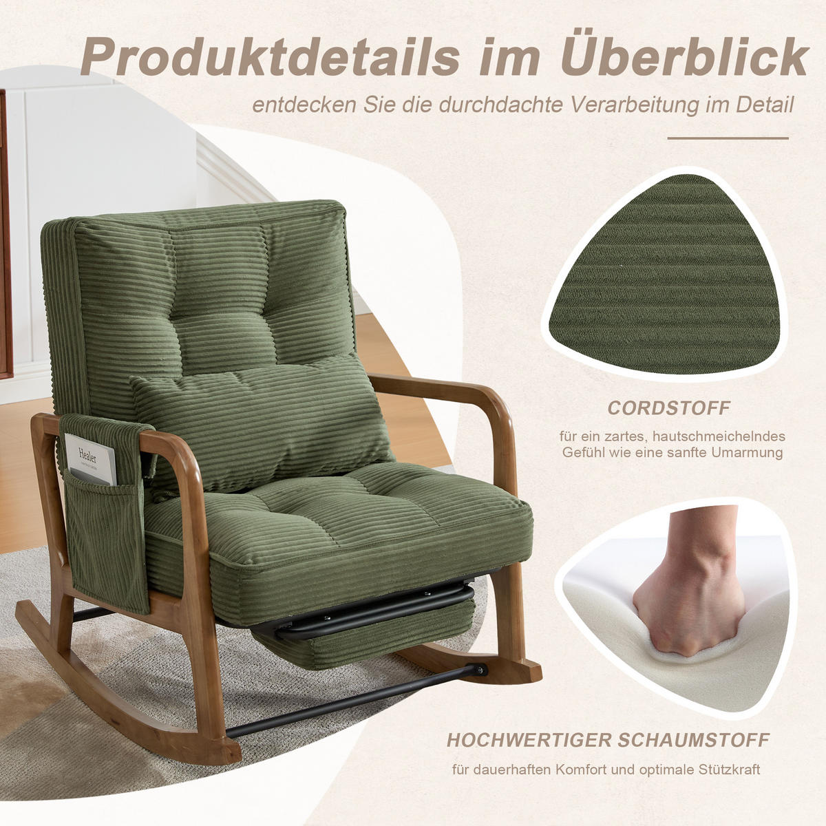 SCHAUKELSTUHL Relaxsessel mit Fußstütze,verstellbarer Rückenlehne,Cord,Grün - Grün, Textil (70/92/80cm) - LVHOM
