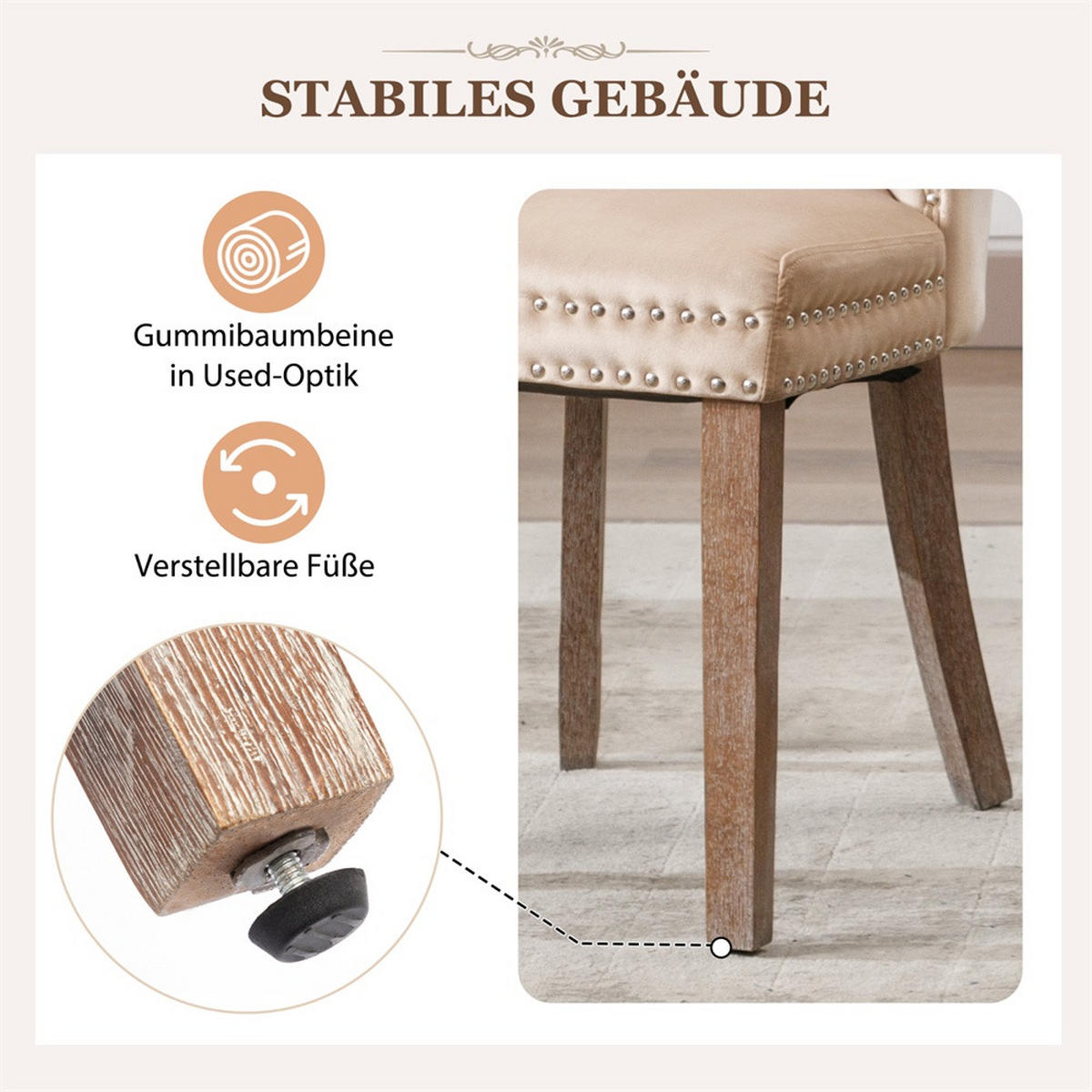 ESSZIMMERSTUHL 2er-Set - Samtbezug mit Knopfheftung, Ziernieten und Griffring - Beige - Beige, Textil (53.5/95/64cm) - DELFA