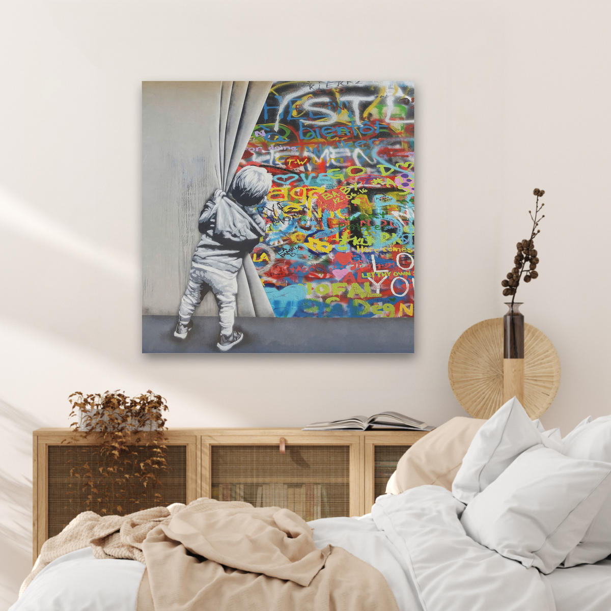 AKUSTIKBILD Graffiti - Junge - Ilussie - Straßenkunst Akustikpaneele 80x80 cm - Hellgrau, Kunststoff (80/80/0.9cm) - MuchoWow