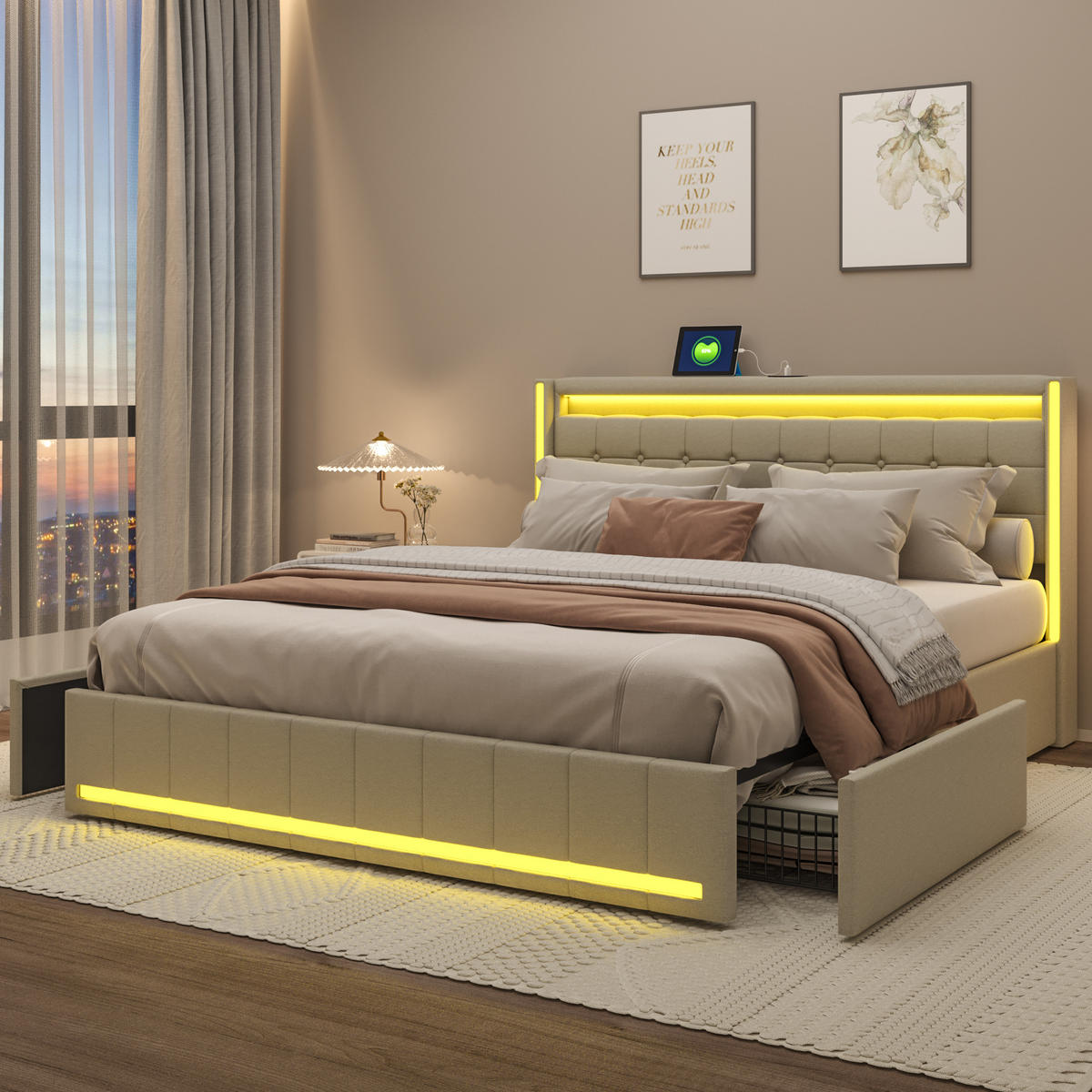 POLSTERBETT 180x200 cm, doppelbett, mit 4 Aufbewahrungsschubladen, LED-Licht und USB-Anschluss, Leinenstoff, beige - Beige, Holz/Textil (180/200cm) - BRILVERDE