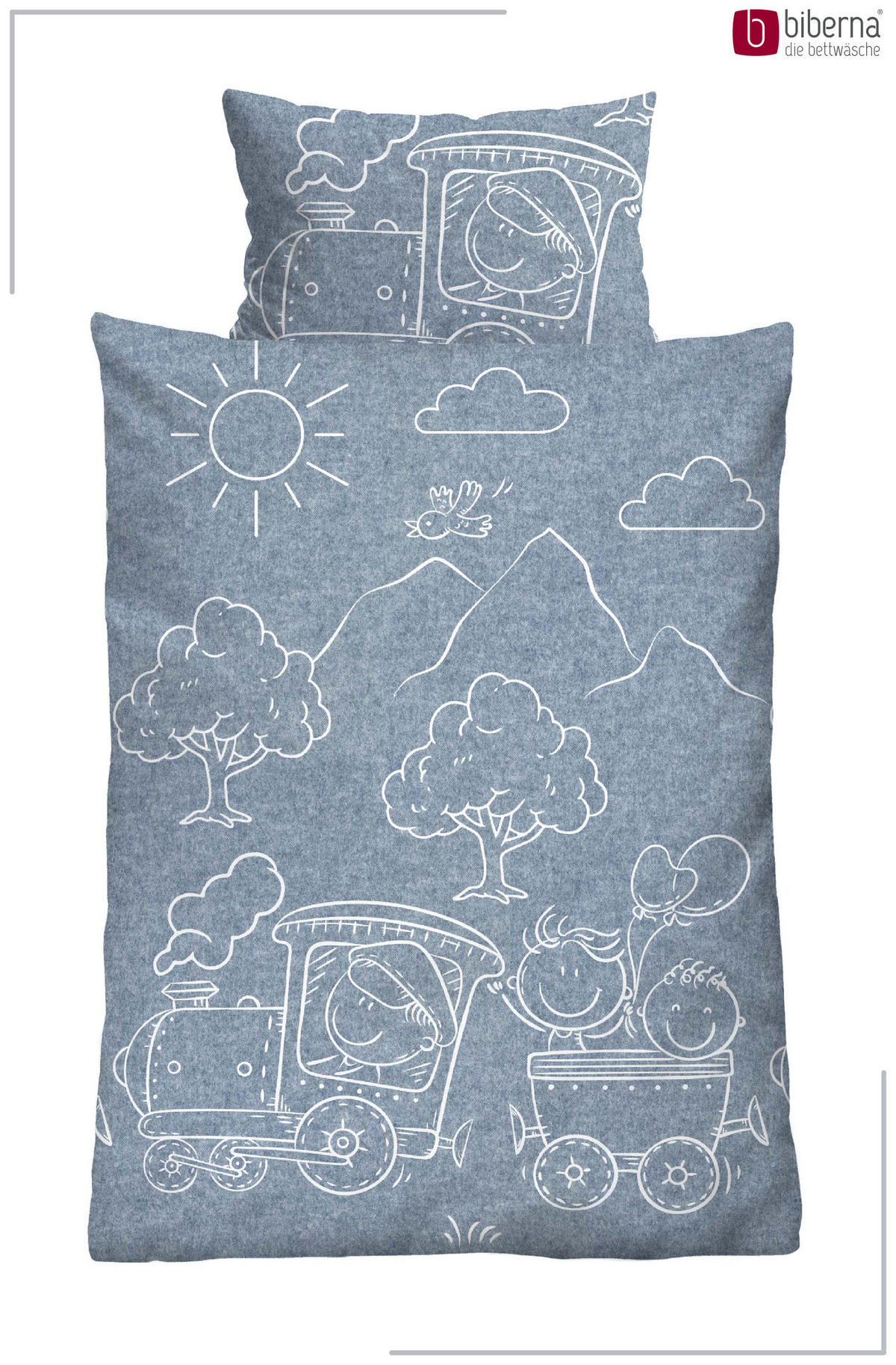 BETTWÄSCHE-GARNITUR Premium Melange Lokomotive blau, 100x135 cm + 40x60 cm - Blau, Textil (100/135cm) - biberna