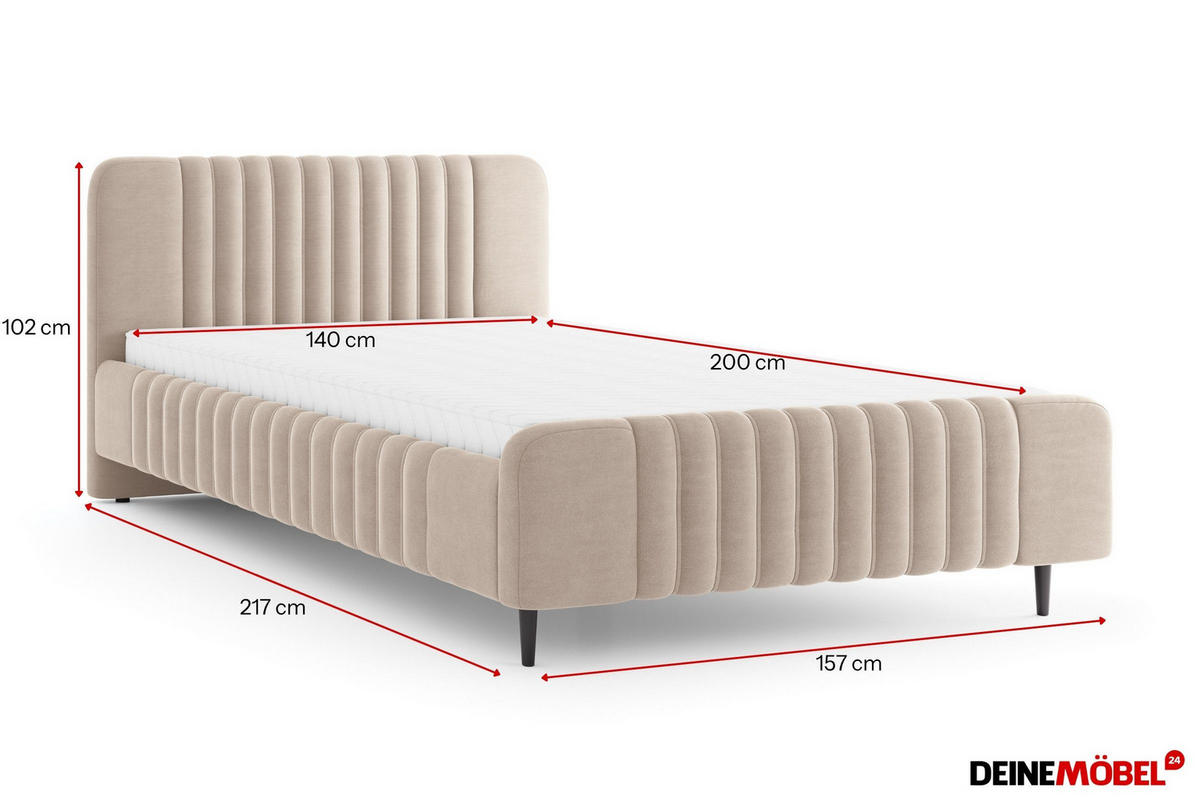POLSTERBETT AURO 12 140/200 cm in Velours Beige - Beige, Holzwerkstoff (140/200cm) - Deine Möbel 24
