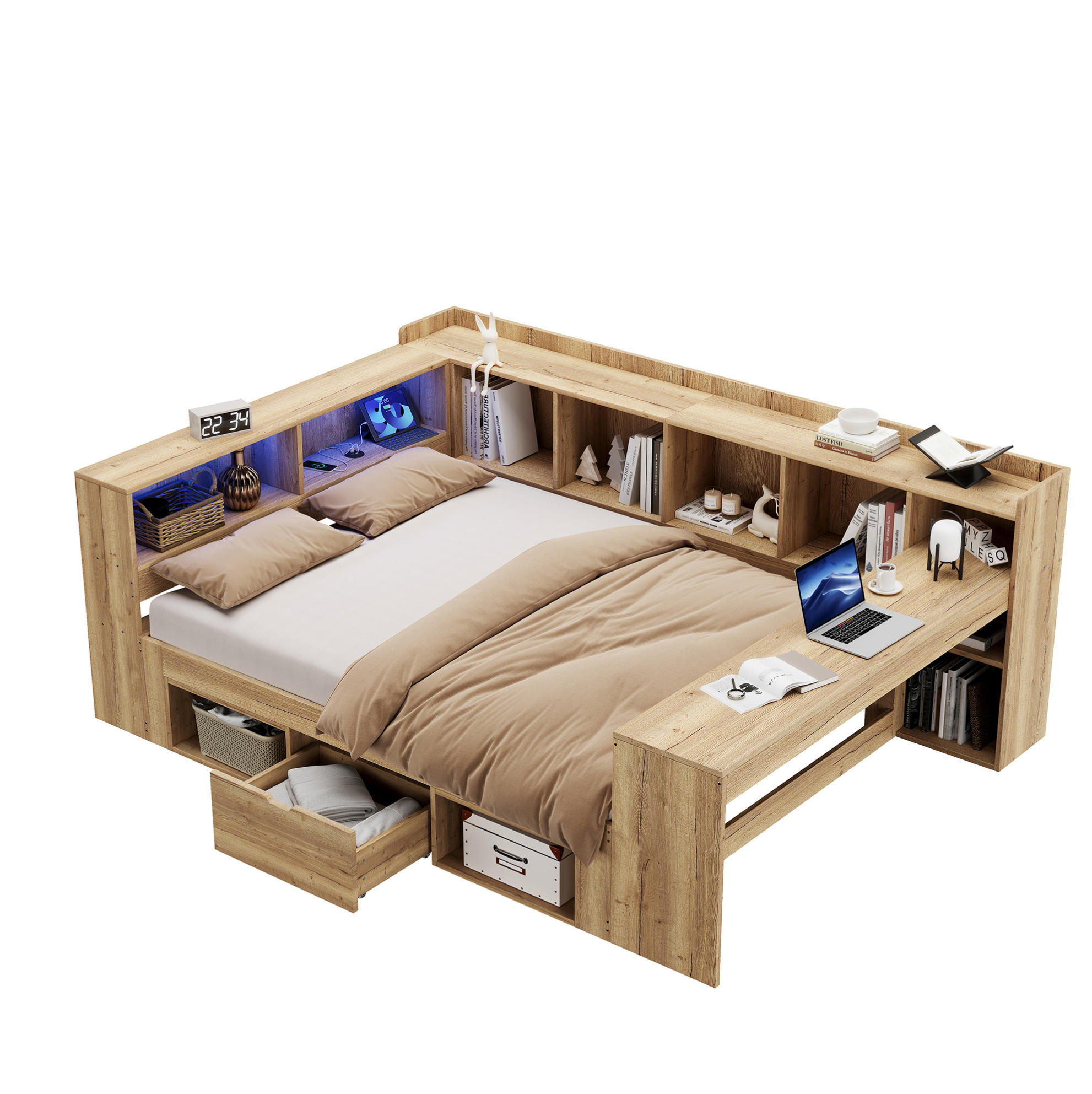 KINDERBETT aus MDF 140x200 cm Natur mit LED-Beleuchtung, USB-/Type-C-Anschluss, Schreibtisch und Stauraum - Naturfarben, Holzwerkstoff (140/200cm) - Modfu