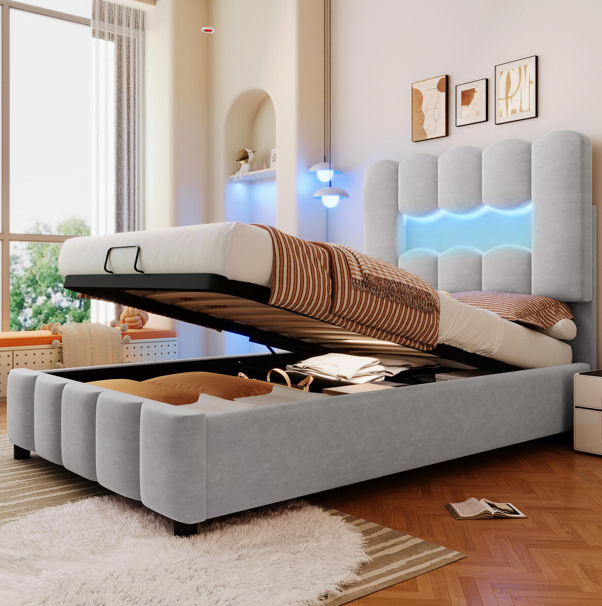 POLSTERBETT aus Samt und MDF 90x200 cm Grau mit LED-Beleuchtung, Bettkasten und verstellbarem Kopfteil - Grau, Textil (90/200cm) - IVMEU