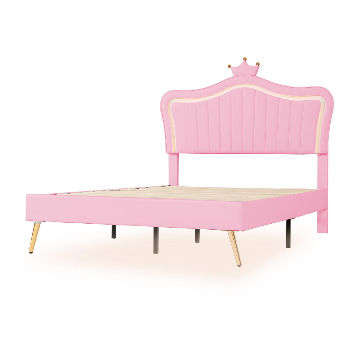 KINDERBETT aus Kunstleder 140x200 cm in Rosa mit LED-Beleuchtung - Rosa, Leder (140/200cm) - Modfu
