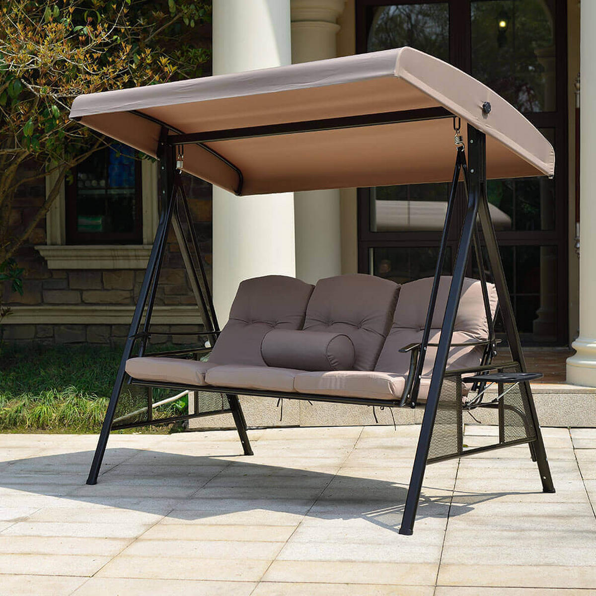 HOLLYWOODSCHAUKEL DESCANSO - Beige, Ohne Regenabdeckung - Beige, Textil/Metall (115/195/198cm) - Home Deluxe