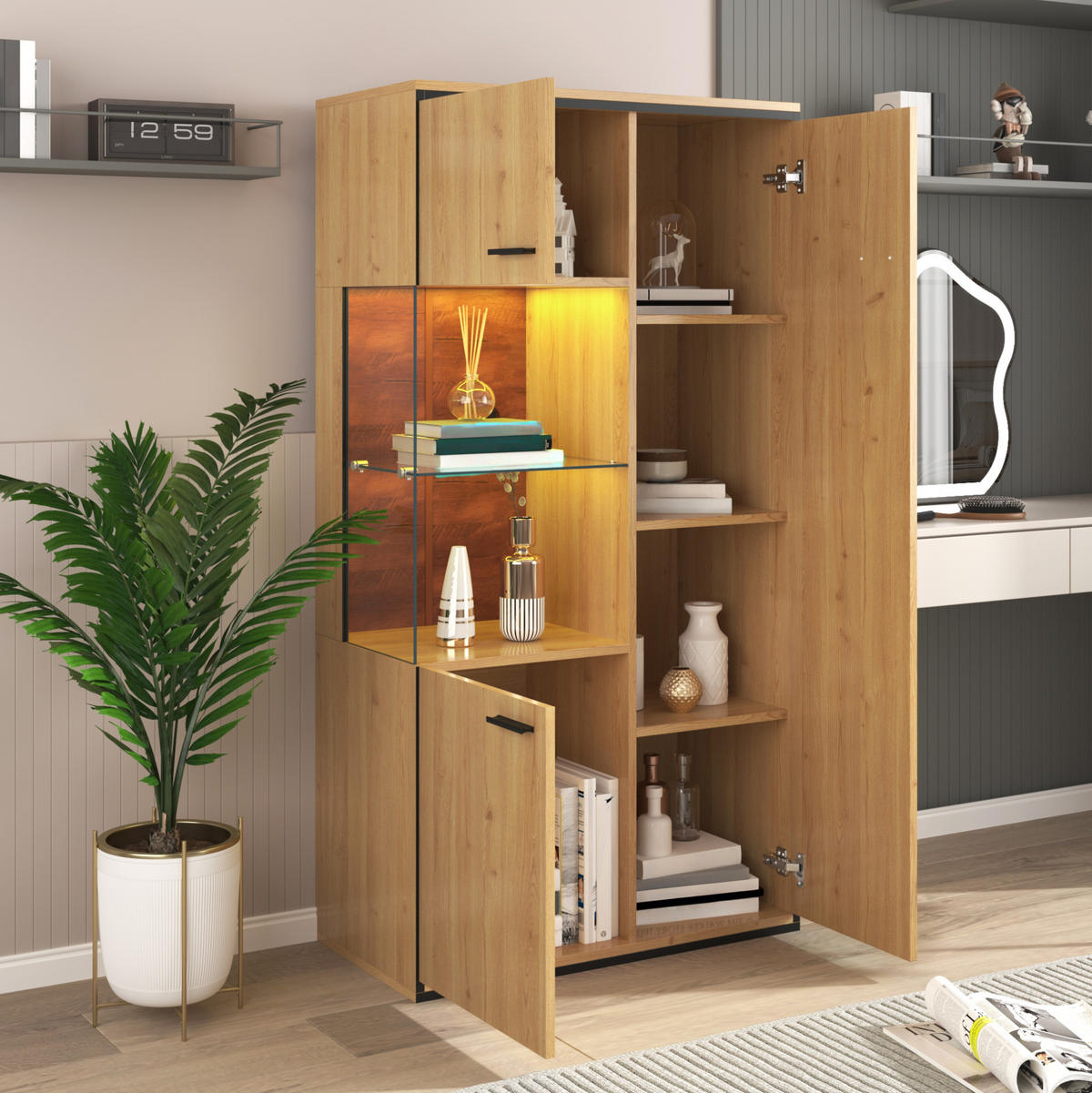 VITRINE 77.5/40/150 cm Natur aus MDF mit LED-Beleuchtung - Naturfarben, Holzwerkstoff (40/150/77.5cm) - OKMYHOME