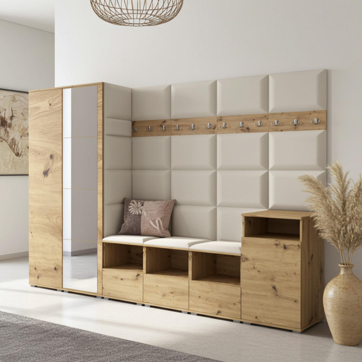 GARDEROBE NELA XII 300 cm (Modulare Flurmöbel Artisan Eiche mit Spiegel & Sitzpolster Creme 01 Gigantisches Set) - Silberfarben/Creme, Holz/Holzwerkstoff (300/187/40cm) - Ravio