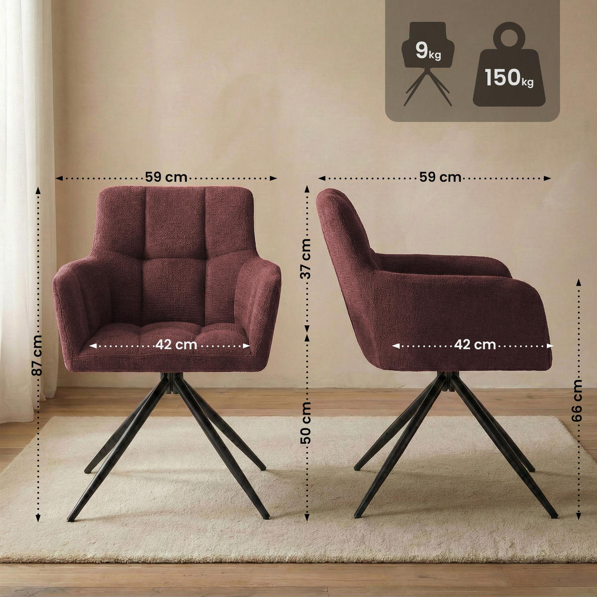 ARMLEHNENSTUHL 2er Set Stoff Rubinrot - Rot/Schwarz, Textil/Metall (59/87/59cm) - CLP