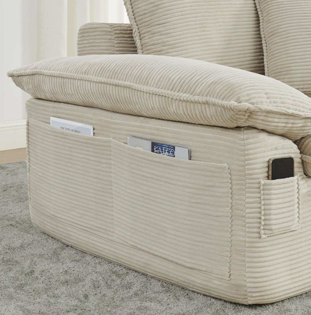2-SITZER sofa 156/206/65 cm beige aus Stoff mit Fußstütze und Seitentaschen - Beige, Textil (206/65/156cm) - OKWISH