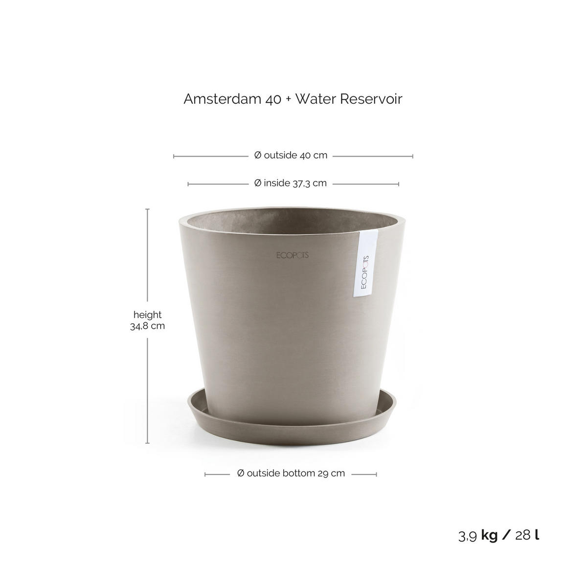 BLUMENTOPF mit Wasserreservoir Amsterdam 40/34,8 cm Taupe - Taupe, Kunststoff (40/34.8cm) - Ecopots