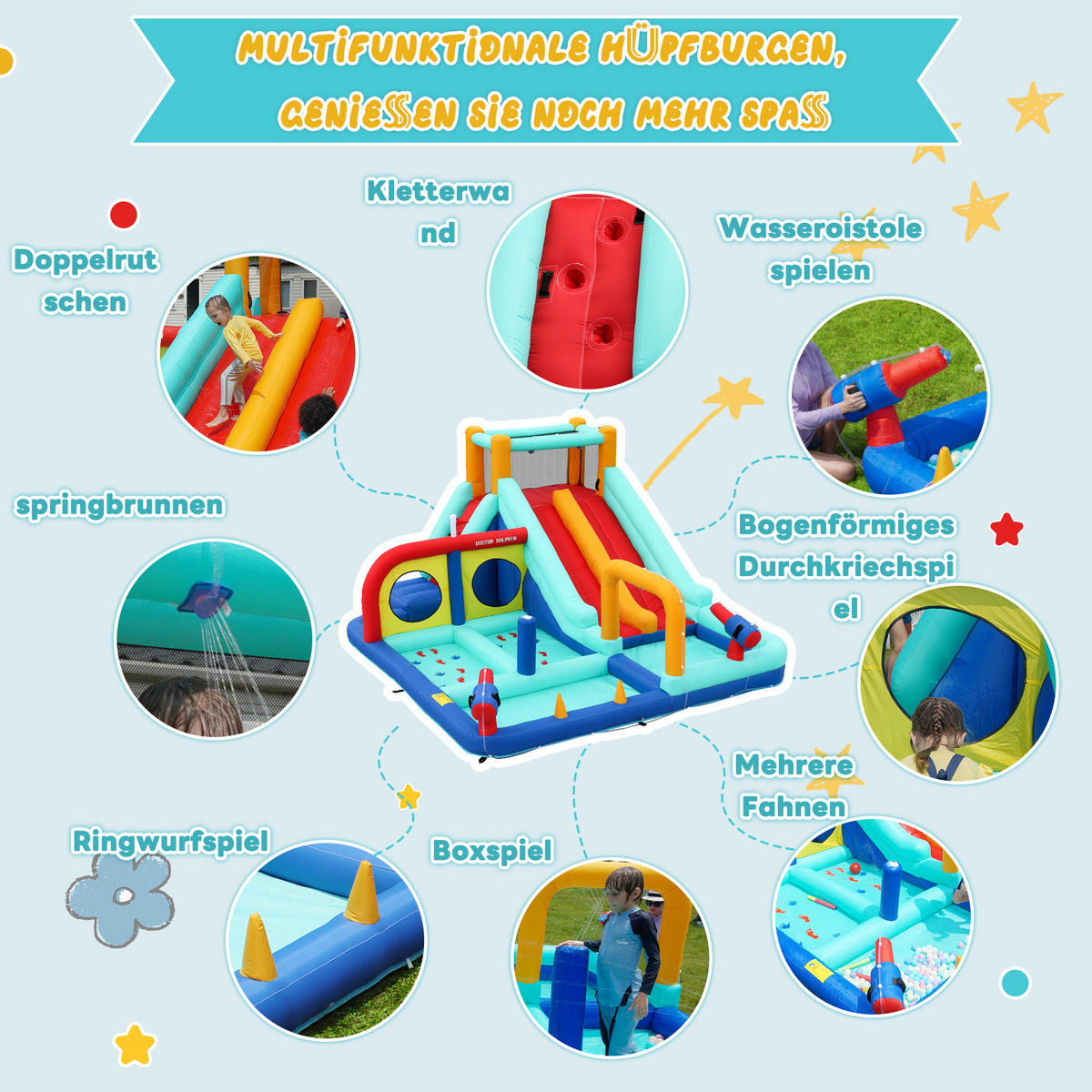 HÜPFBURG Wasserpark Doppelrutsche Gebläse - Blau, Textil (450/365/217cm) - LEBENLANG
