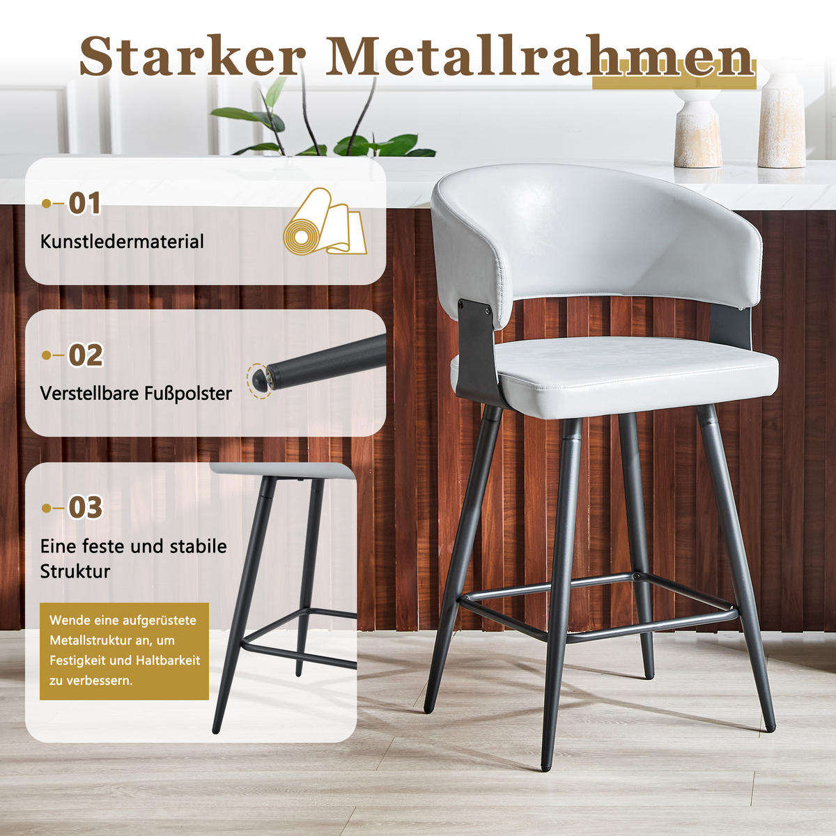 BARHOCKER DE-36675 2er-Set mit Kunstlederbezug und Metallgestell Schwarz - Grau, Metall (47/94.5/46cm) - ComfortXL