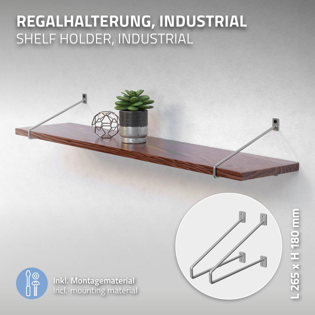 REGALHALTERUNG 2er Set 265mm Silber - Silberfarben, Metall (18/2.3/26.5cm) - ML-DESIGN
