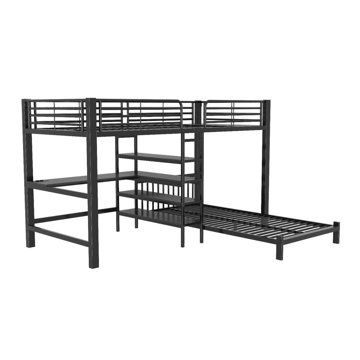 ETAGENBETT 90/200 cm Schwarz mit Schreibtisch, Kleideraufbewahrung, USB- und Type-C-Schnittstelle - Schwarz, Metall (90/200cm) - Oxeza