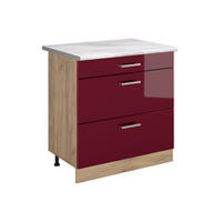 KÜCHENUNTERSCHRANK R-Line, Rot Hochglanz/Goldkraft Eiche, 80 cm mit 3 Schubladen Arbeitsplatte Marmor - Eichefarben/Rot, Holzwerkstoff (80/81.6/60cm) - Vicco