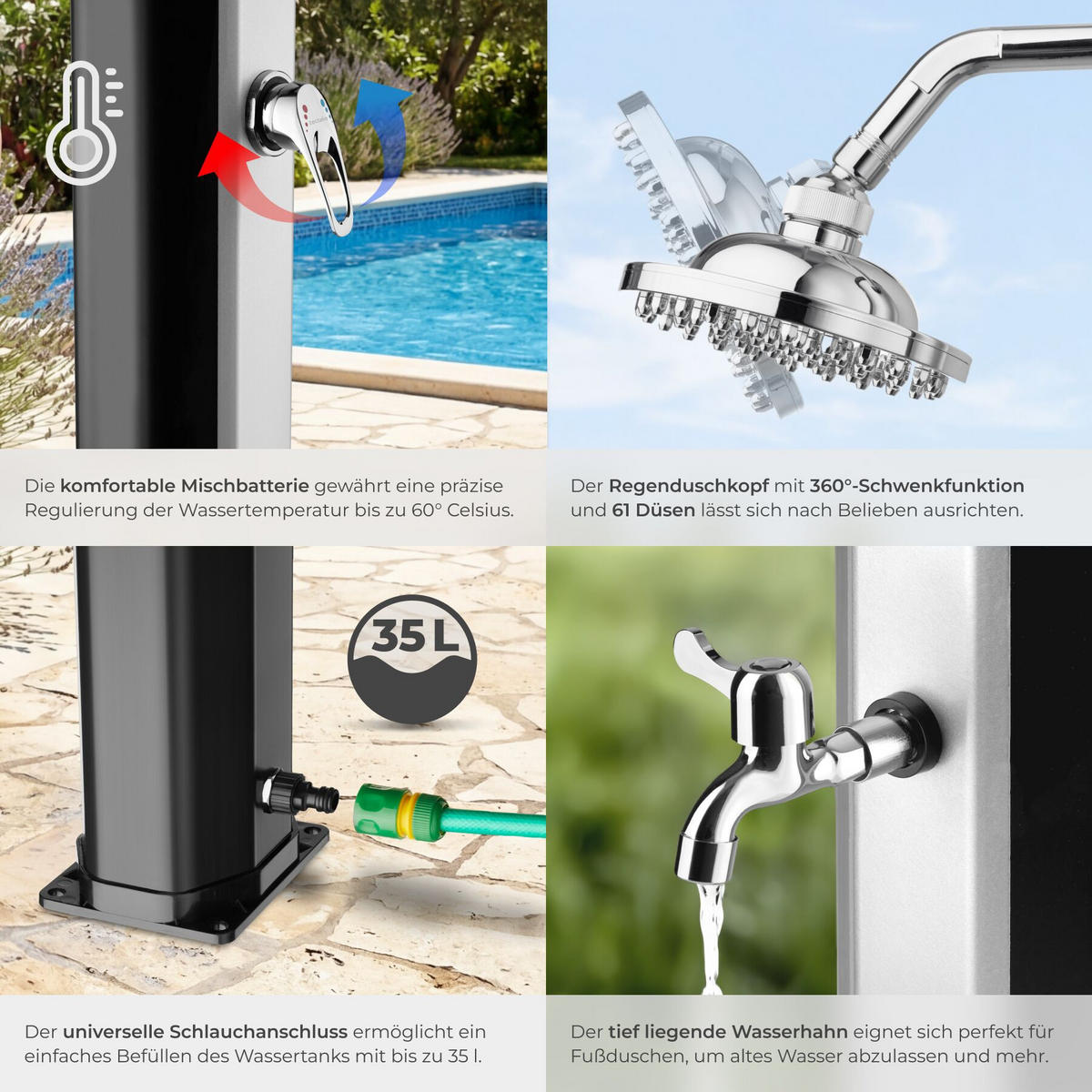 SOLARDUSCHE Ofanto, extra Wasserhahn, inklusive Schutzhülle, schwarz/silber - Silberfarben/Schwarz, Kunststoff (18/217/44.5cm) - tectake