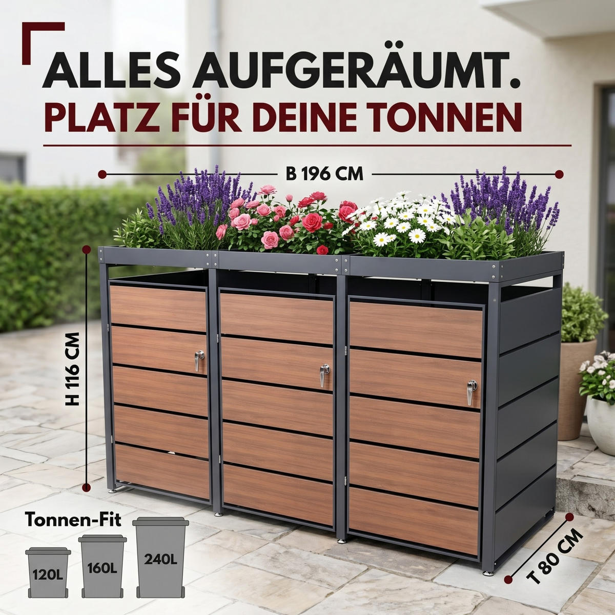 ALBATROS Mülltonnenbox mit Pflanzkasten 3er, MTP3 - Anthrazit, Metall (196/116/80cm) - Albatros