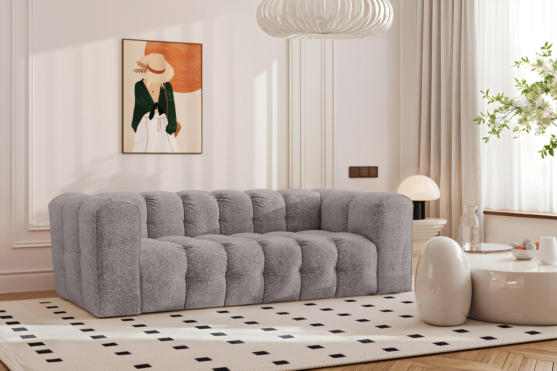 SOFA 3-Sitzer, Komfort, BALOO, Stoff Schenille & Bouclé, Grau - Grau, Holz (222/75/106cm) - Kaiser Möbel