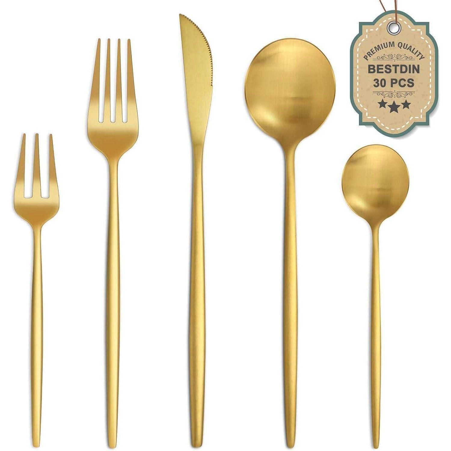 BESTECKSET 30-teilig Gold Matt Edelstahl für 6 Personen - Goldfarben, Metall