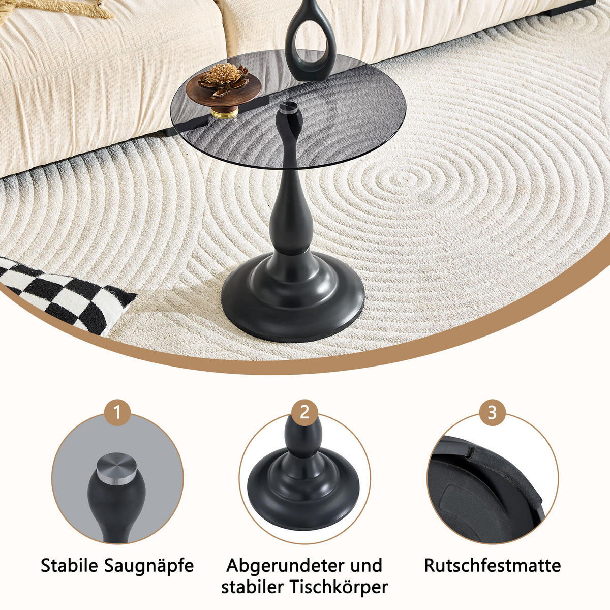 BEISTELLTISCH DE-37360 rund mit Glasplatte und geschwungenem Sockel Schwarz - Schwarz, Metall (50/50/51.5cm) - ComfortXL