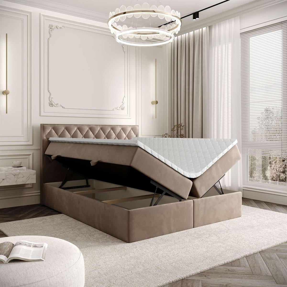 BOXSPRINGBETT INEZ mit Bettkasten mit Topper 140x200 cm Royal Velvet 176 - Beige, Textil - Lookway