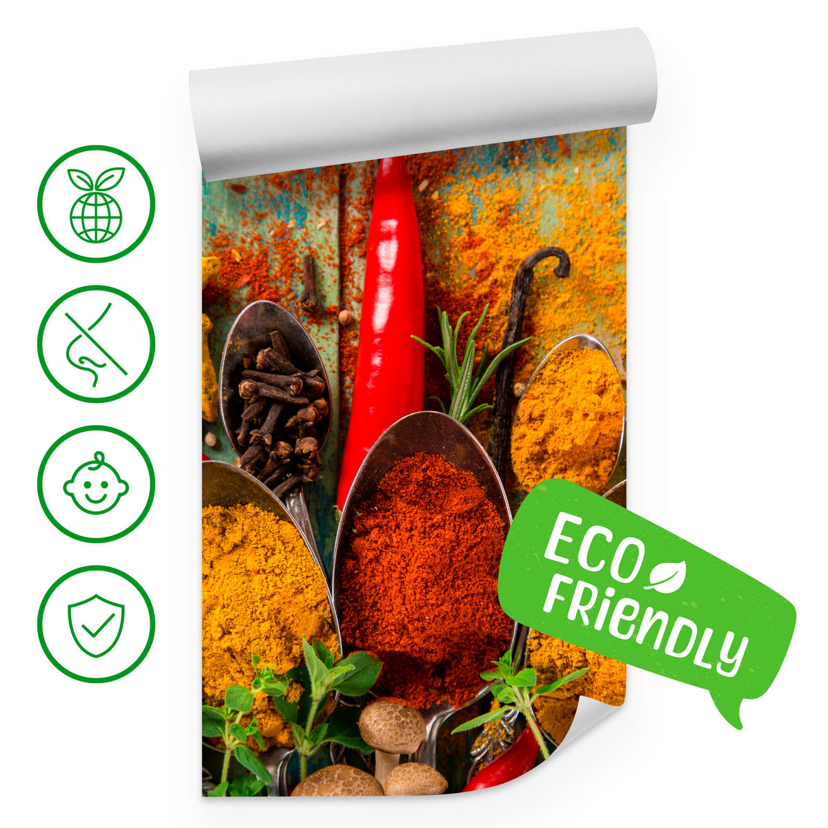 FOTOTAPETE für Küche Gewürze Holz Rustikal Paprika Ingwer 150x105 - Türkis/Blau, Papier (150/105cm) - Muralo