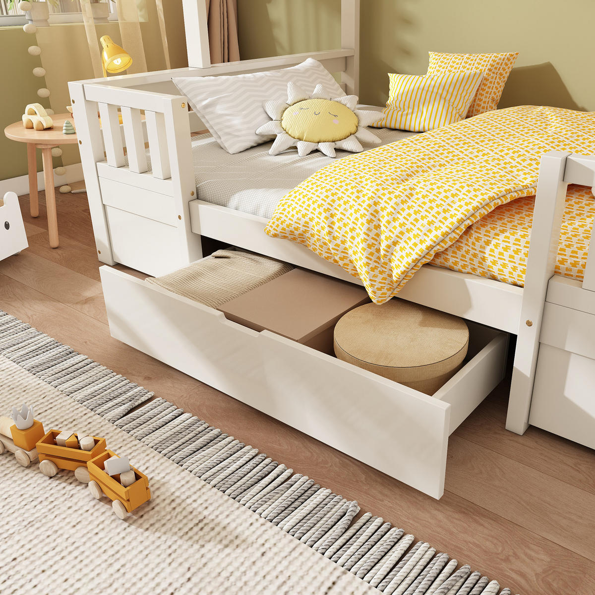 ETAGENBETT 90/200 cm Weiß aus Holz mit Kreidetafel und Stauraumtreppe - Weiß, Holzwerkstoff (90/200cm) - OKWISH