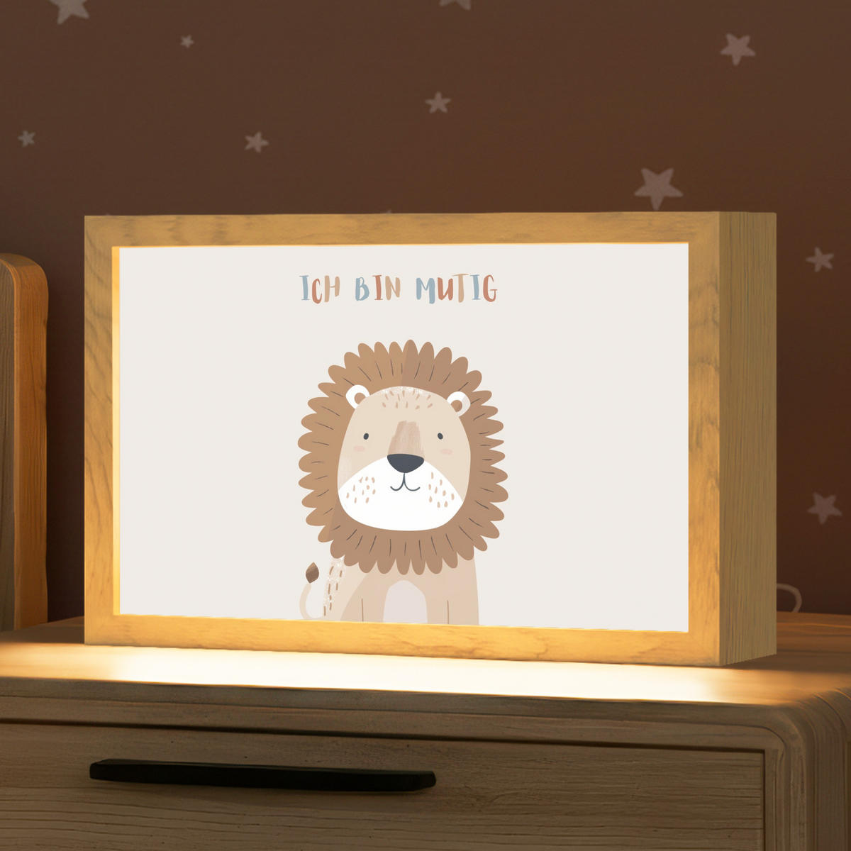 NACHTTISCHLAMPE Löwe - Beige - Tier - Mutig - Zitat 30x20 cm - Beige, Holzwerkstoff (8/30/20cm)