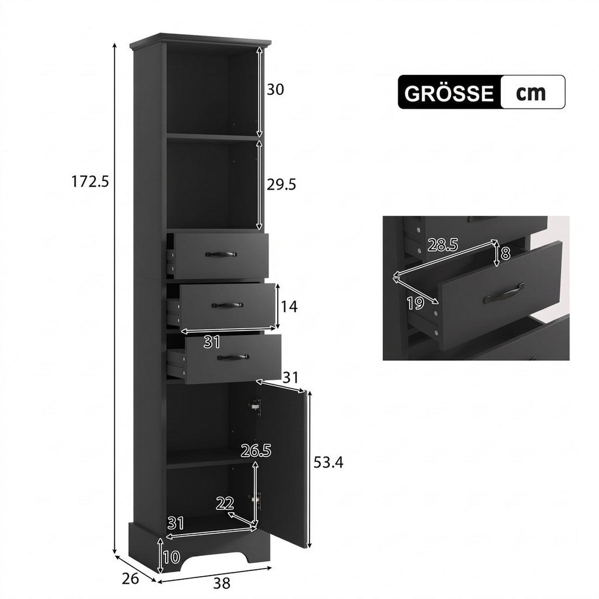 HOCHSCHRANK 38/26/172.5 cm Schwarz mit 3 Schubladen und doppelte offene Regalböden - Schwarz, Holz/Holzwerkstoff (26/172.5/38cm) - Oxeza
