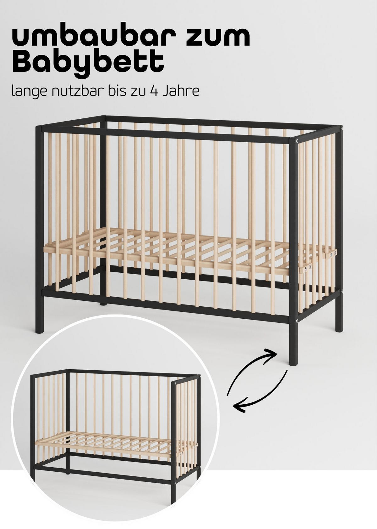 BEISTELLBETT mit Umbauseite - schwarz/natur - Dreamy 4 in 1 Bett - Schwarz/Naturfarben, Holz (120/90/60cm) - Sämann – make a difference.