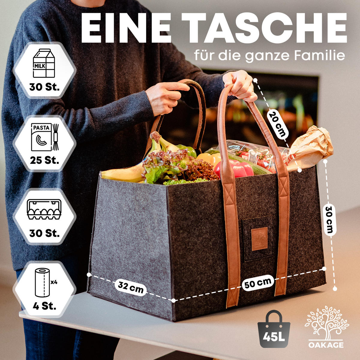 KAMINHOLZKORB SinglePack Filz 50/32/30 cm - Dunkelgrau, Textil (32/30/50cm) - OAKAGE