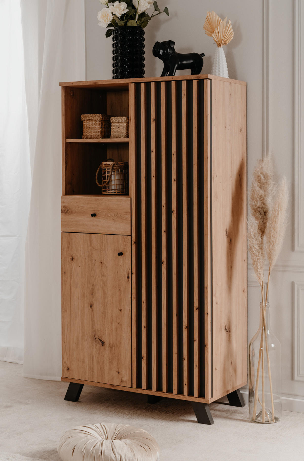 HIGHBOARD Eiche Artisan, grau 80 cm Industrial, Anrichte mit 3D-Lamellen - Anthrazit/Schwarz, Holzwerkstoff/Metall (80/156/40cm) - Furn.Design